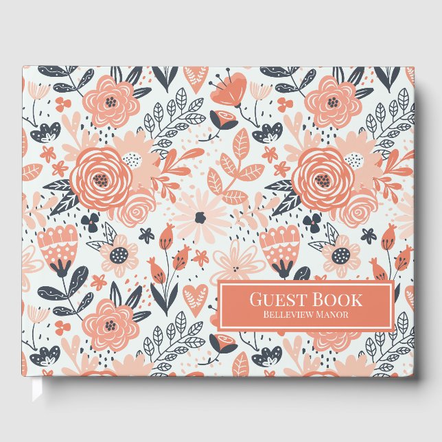 Peach Floral Pattern Vacation Home or Rental Guest Guest Book (Front)
