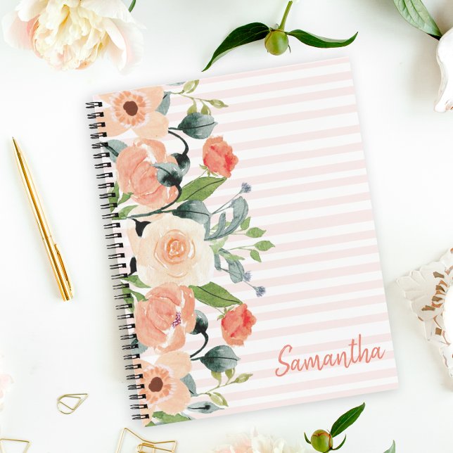 Peach Floral Personalised Notebook (Brighten up your school day or journaling time with this pretty notebook.)