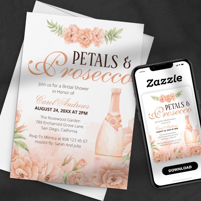 Peach Floral Petals & Prosecco Bridal Shower Invitation (Creator Uploaded)