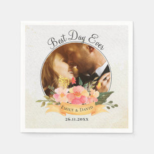 Peach Floral Photo Best Day Ever Wedding Party Napkin