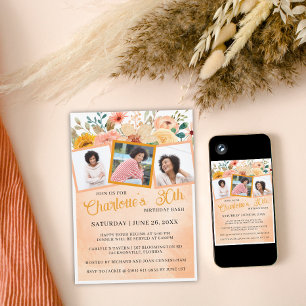 Peach Floral Photo Birthday Bash Party Invite