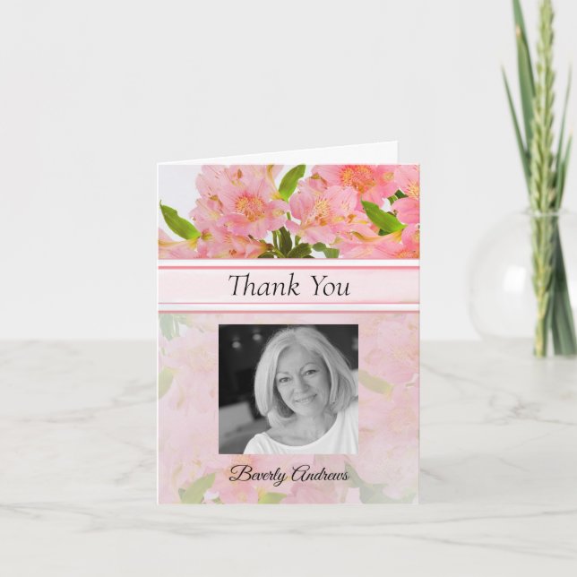 Peach Floral Photo Memorial Thank You Note (Front)