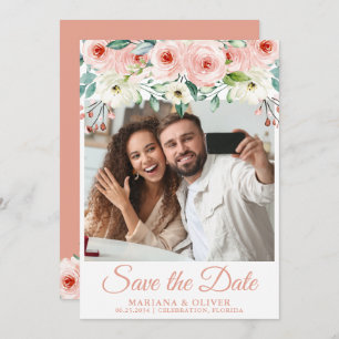 Peach Floral Photo Save the Date Card