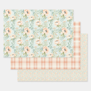Peach Floral Plaid Wrapping Paper