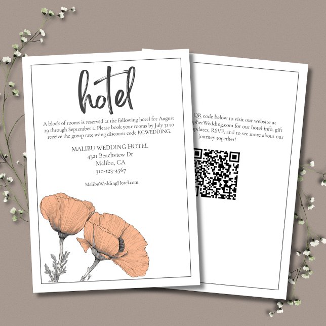 Peach Floral Poppies Modern Elegant Wedding Hotel Enclosure Card (Peach Poppies Wedding Hotel Enclosure Card goes with Peach Poppies Elegant Wedding Invitation Suite.)