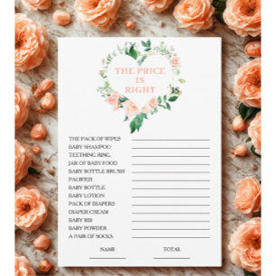 Peach Floral Price is Right Baby Shower Game Card 