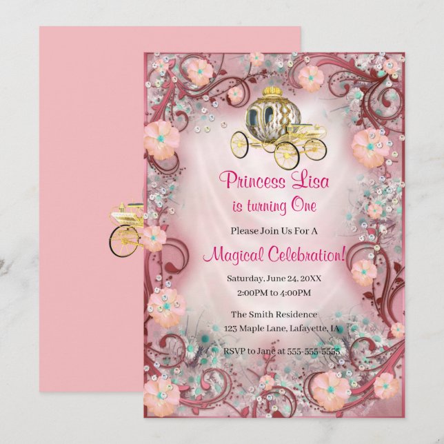 Peach Floral Princess Enchanted 1st Birthday Invitation (Front/Back)