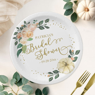 Peach Floral Pumpkin Fall Bridal Shower Paper Plate