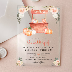 Peach Floral Pumpkin Market Wedding Acrylic Invitations