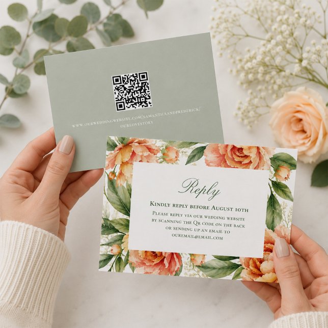 Peach Floral QR Code Wedding Guest Reply RSVP Card (Elegant floral RSVP card with QR code for quick and convenient guest responses.)