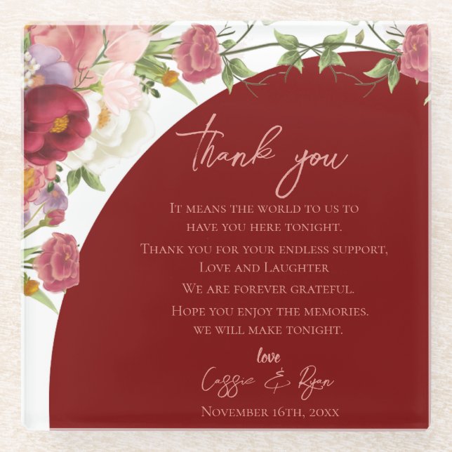 Peach Floral Red Arch Wedding Thank you Message Glass Coaster (Front)