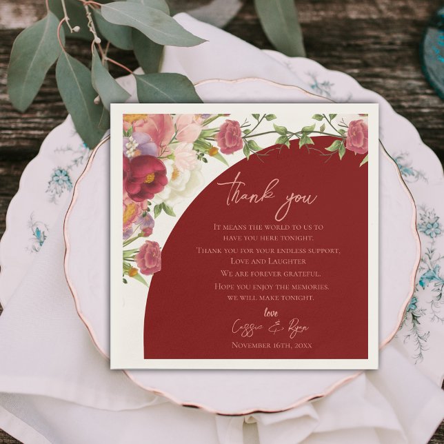Peach Floral Red Arch Wedding Thank you Message Napkin (Peach Floral Red Arch Wedding Thank you Message Napkins)