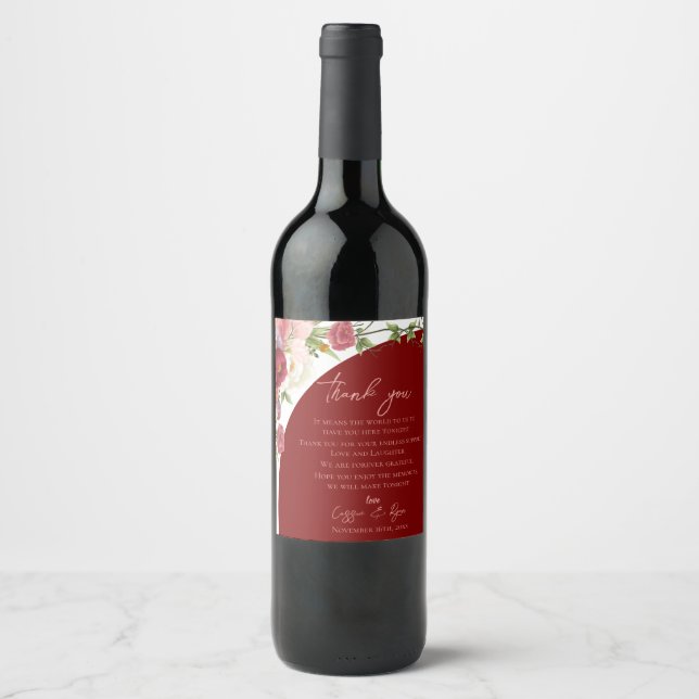 Peach Floral Red Arch Wedding Thank you Message Wine Label (Front)