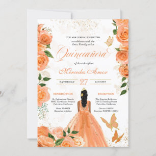 Peach Floral Rose Butterfly Quinceanera Invitation