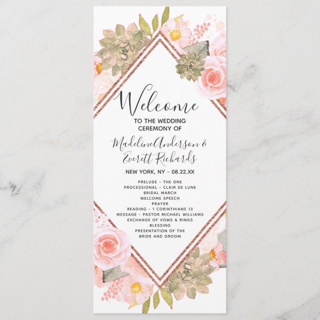 Peach Floral Rose Gold Wedding Ceremony Program Programme (Front)