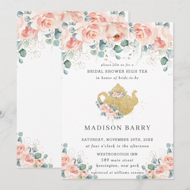 Peach Floral Rose Greenery Bridal Shower Tea Party Invitation (Front/Back)