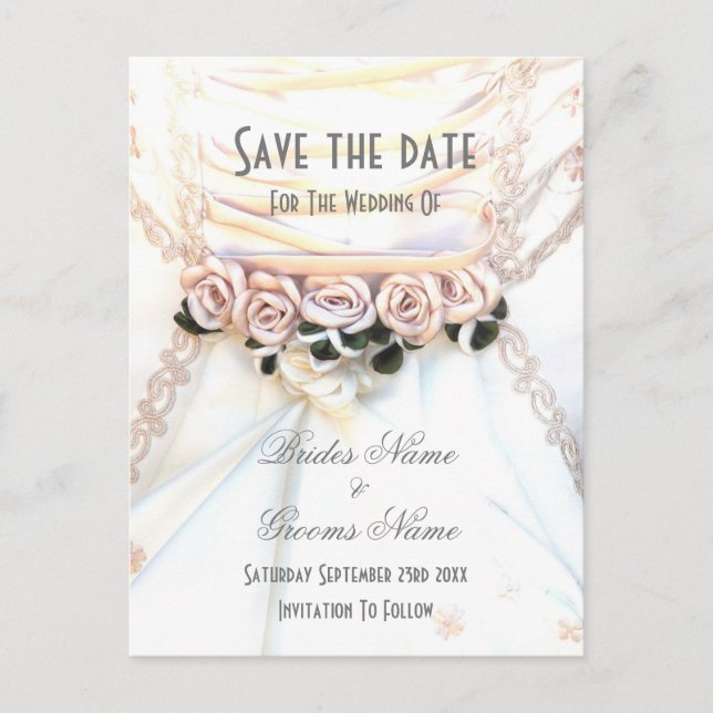 Peach floral rose wedding dress save the date announcement postcard (Front)