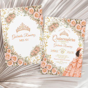 Peach Floral Roses Golden Western Quinceañera Invitation