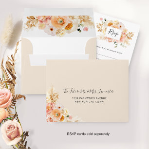 Peach Floral RSVP with Return Address, Champagne Envelope