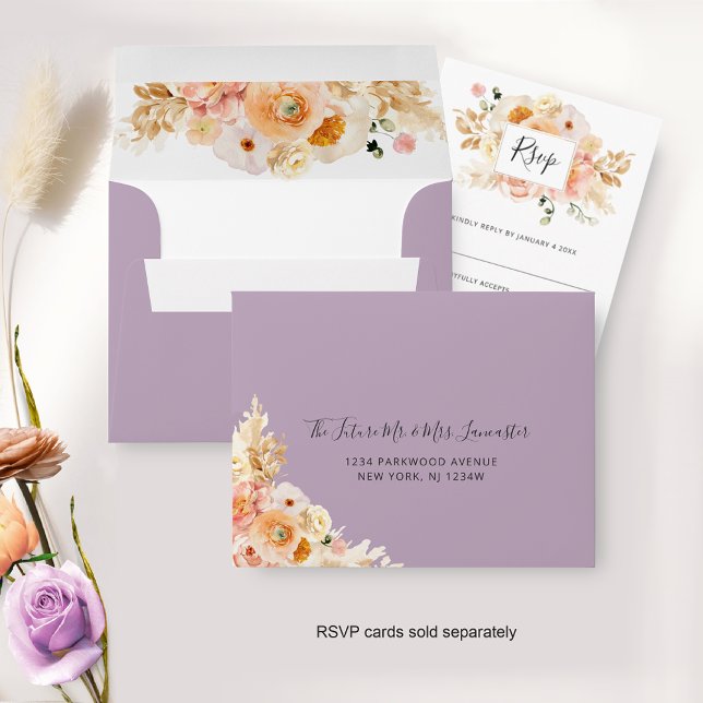 Peach Floral RSVP with Return Address, Lavender Envelope (Creator Uploaded)
