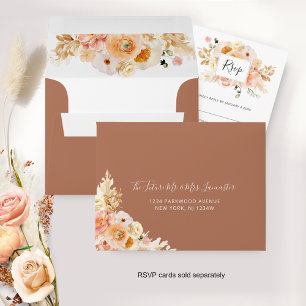 Peach Floral RSVP with Return Address, Terracotta Envelope
