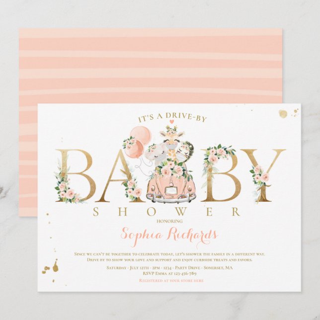 Peach Floral Safari Animals Drive By Baby Shower Invitation (Front/Back)
