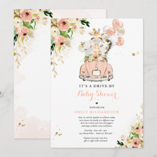 Peach Floral Safari Animals Drive By Baby Shower Invitation
