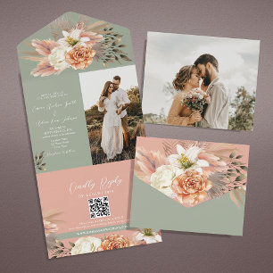 Peach Floral Sage Green Wedding QR Code All In One Invitation