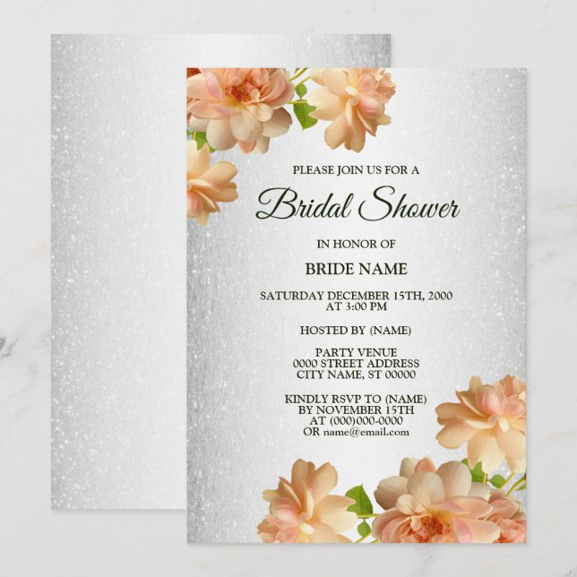 Peach Floral Silver Glitter Elegant Bridal Shower Invitation (Front/Back)
