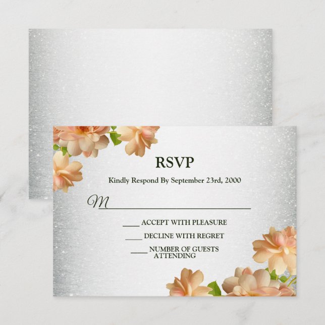 Peach Floral Silver Glitter Modern Wedding Party RSVP Card (Front/Back)