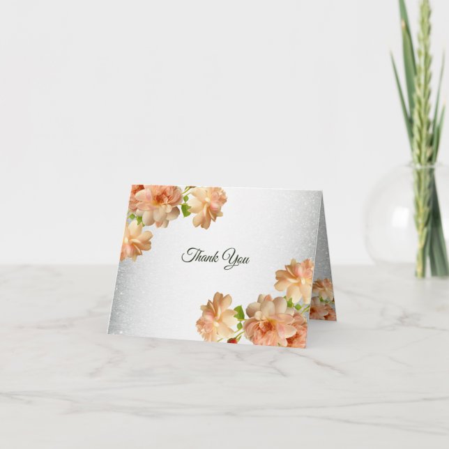 Peach Floral Silver Glitter Modern Wedding Party Thank You Card (Front)