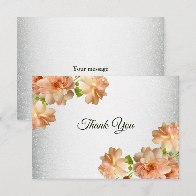 Peach Floral Silver Glitter Modern Wedding Party Thank You Card (Front/Back)