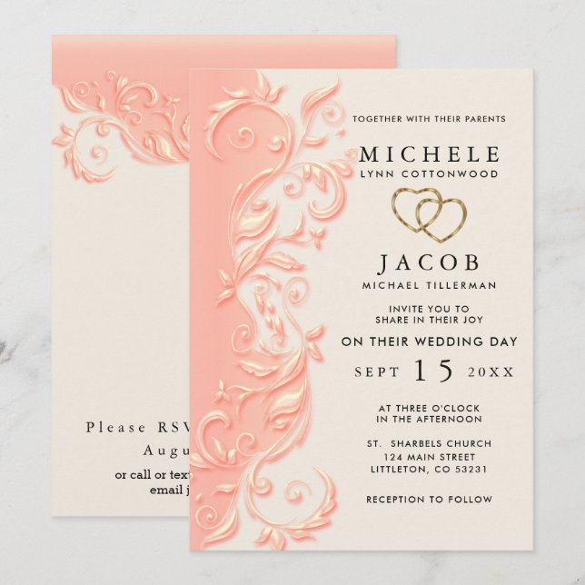 Peach Floral Swirl Wedding and RSVP Invitation (Front/Back)
