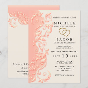 Peach Floral Swirl Wedding and RSVP Invitation