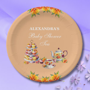 Peach Floral Tea Party Baby Shower Paper Plate