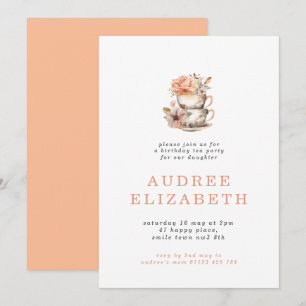 Peach Floral Tea Party Birthday Invitation