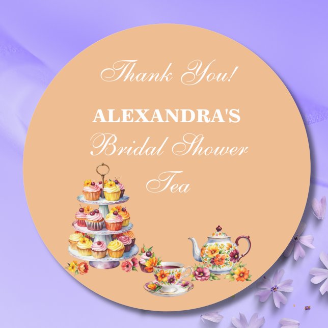 Peach Floral Tea Party Bridal Shower Favour  Classic Round Sticker (Creator Uploaded)