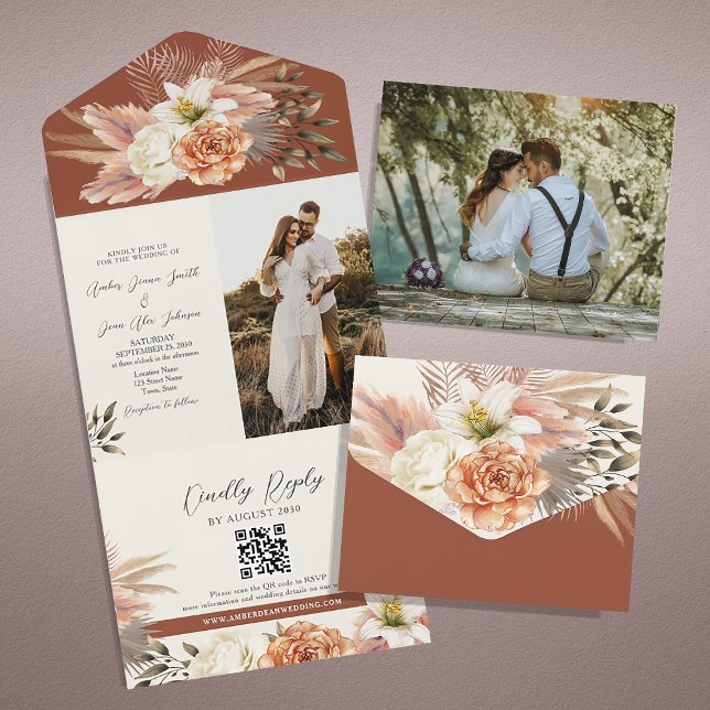 Peach Floral Terracotta Wedding QR Code All In One Invitation (Creator Uploaded)