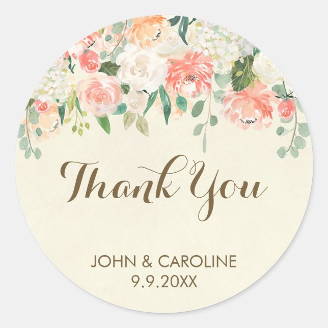 peach floral thank you favors sticker elegant (Front)
