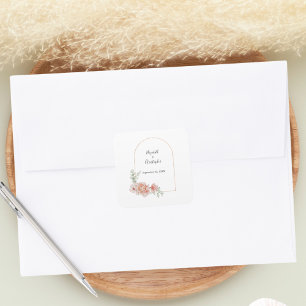 Peach Floral Trendy Arch Greenery Modern Wedding Square Sticker