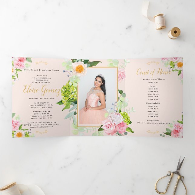 Peach Floral Trifold Quinceanera Invitation (Inside)