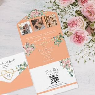 Peach Floral Vintage Rose Wedding All In One Invitation