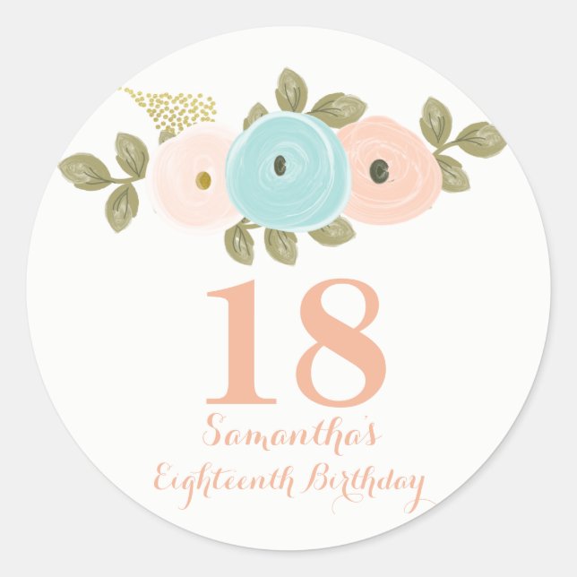 Peach Floral Watercolor 18th Birthday Girl Sticker (Front)