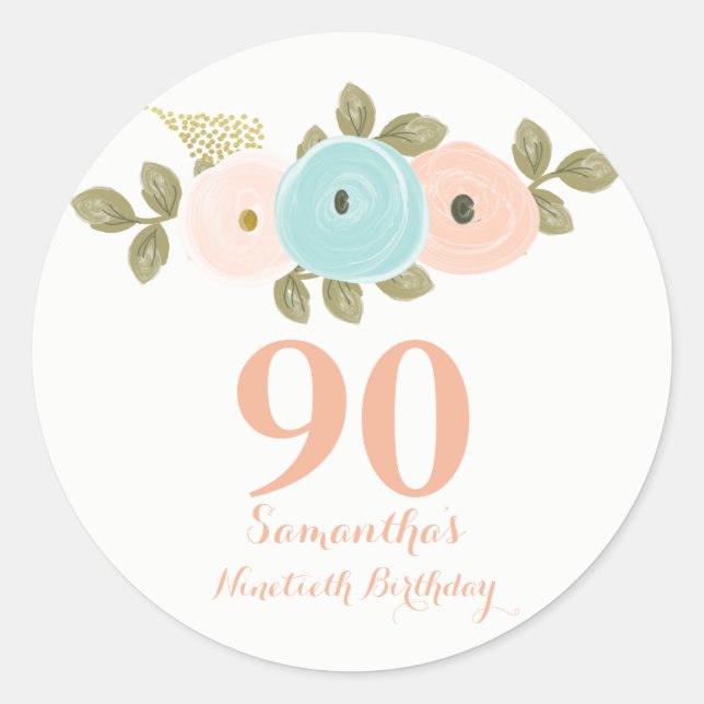 Peach Floral Watercolor 90th Birthday Sticker (Front)