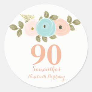 Peach Floral Watercolor 90th Birthday Sticker