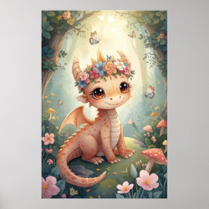 Peach Floral Watercolor Baby Dragon Nursery Poster