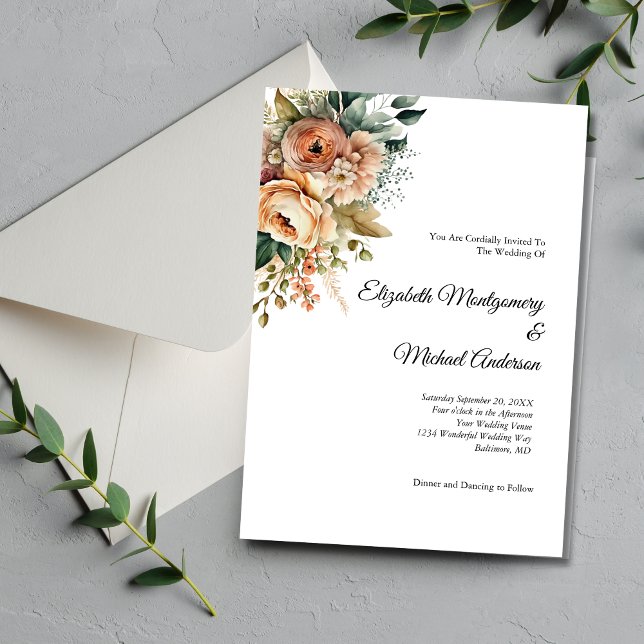 Peach Floral Watercolor Botanical Elegant Wedding Invitation (Peach Floral Flowers Greenery Botanical Watercolor Modern Elegant Wedding Invitation)