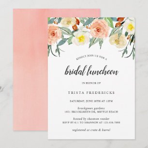 Peach Floral Watercolor Elegant Bridal Luncheon Invitation