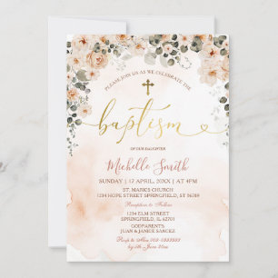 Peach Floral Watercolor Girl Cross Gold Baptism Invitation