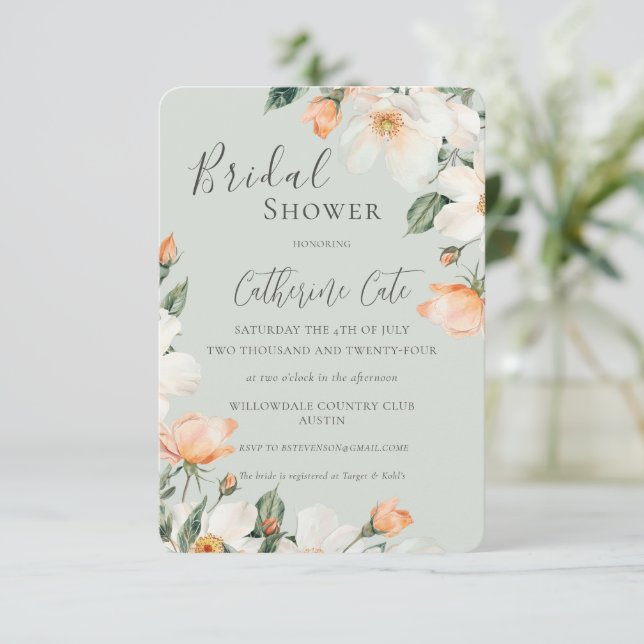 Peach Floral Watercolor Green Bridal Shower Invitation (Standing Front)